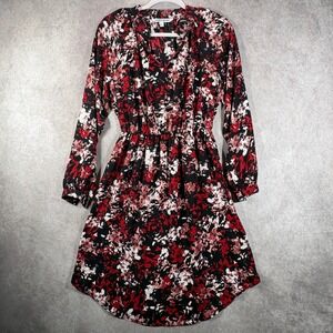 Elizabeth and James Dress Women S Red Abstract Floral Long Sleeve V-Neck Elastic